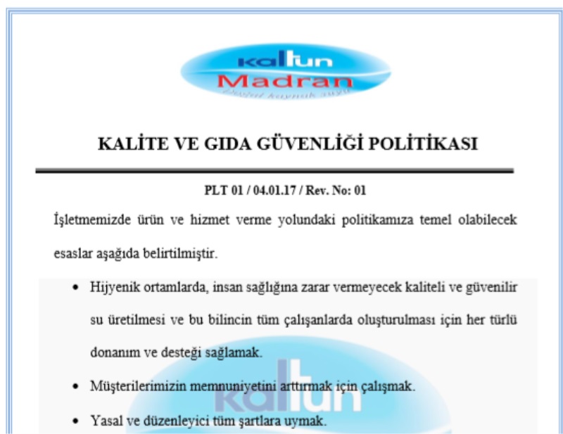 KALİTE VE GIDA GÜVENLİĞİ POLİTİKASI